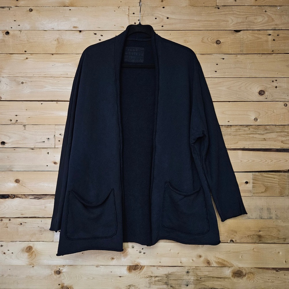 Frank & Eileen Barbara Beach Cardigan Black Cotton Open Front Raw Hem M Tee Lab